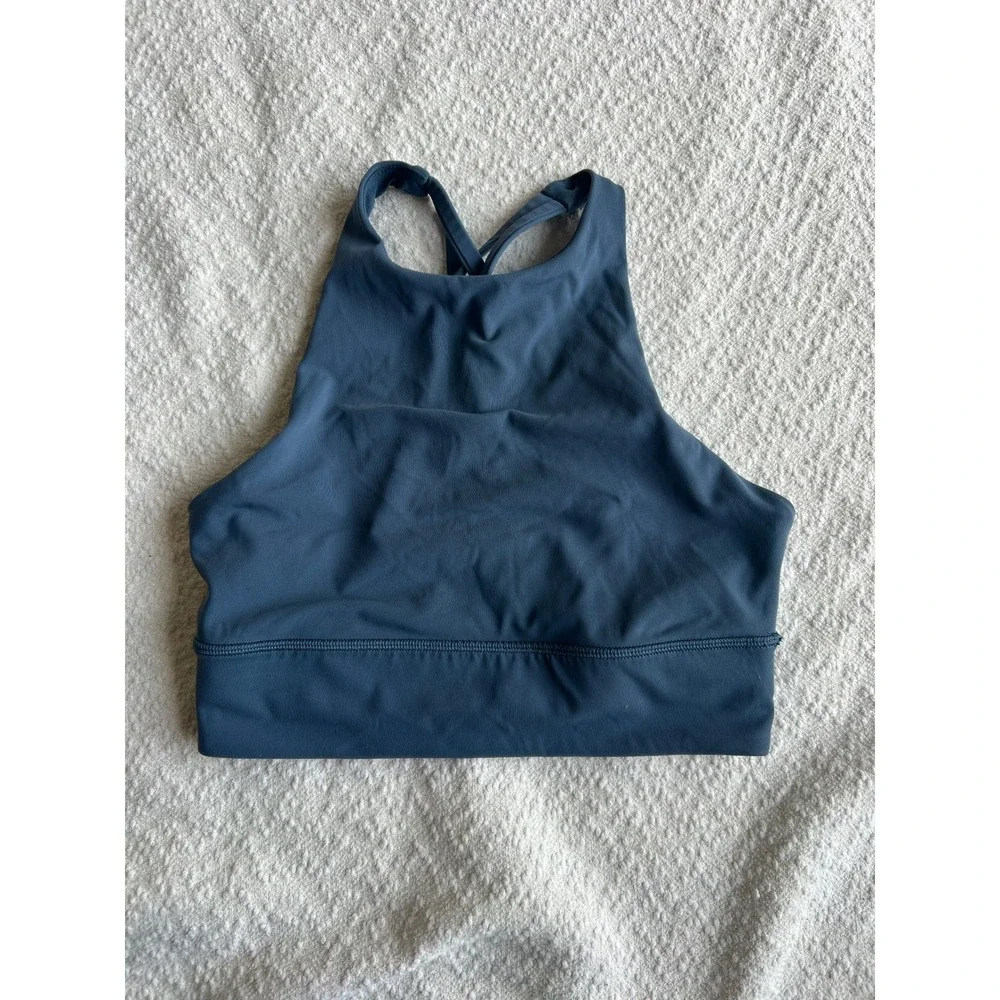 Lululemon Energy Bra High Neck Longline Blue Strappy Back Sports Bra